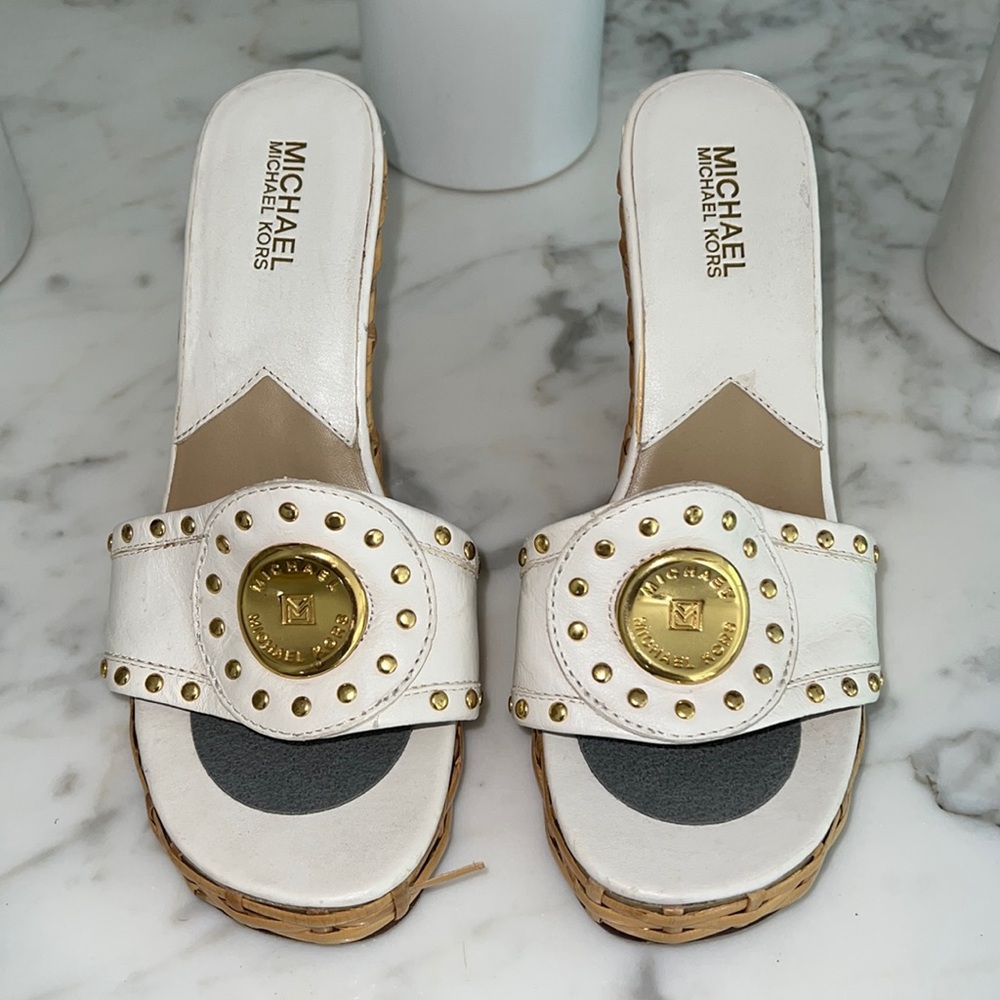Michael Michael Kors white gold wicker wedge